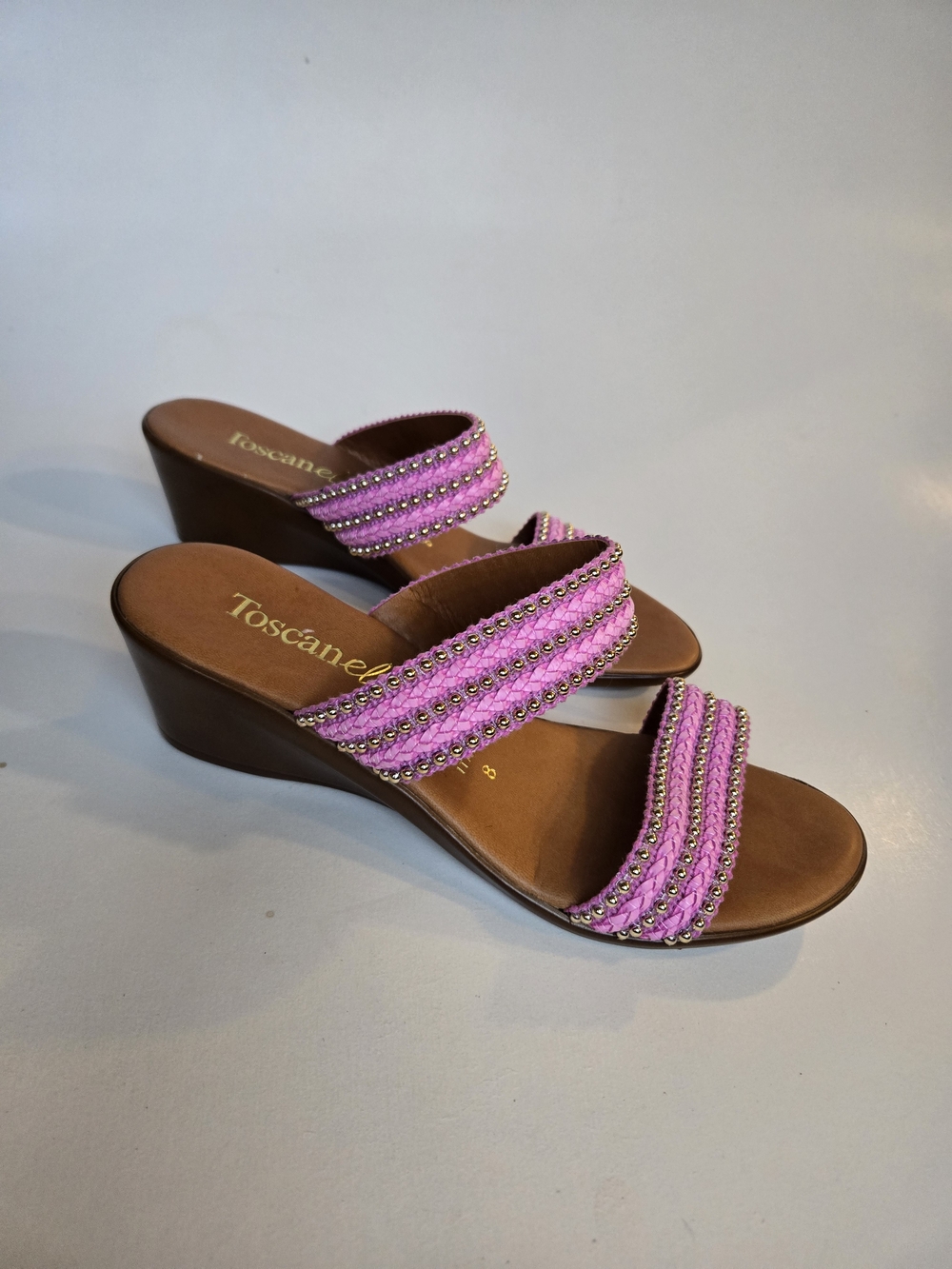Toscanella Pink Rhinestone Beaded Wedge Sandals Size 8 Made in Italy Y2K